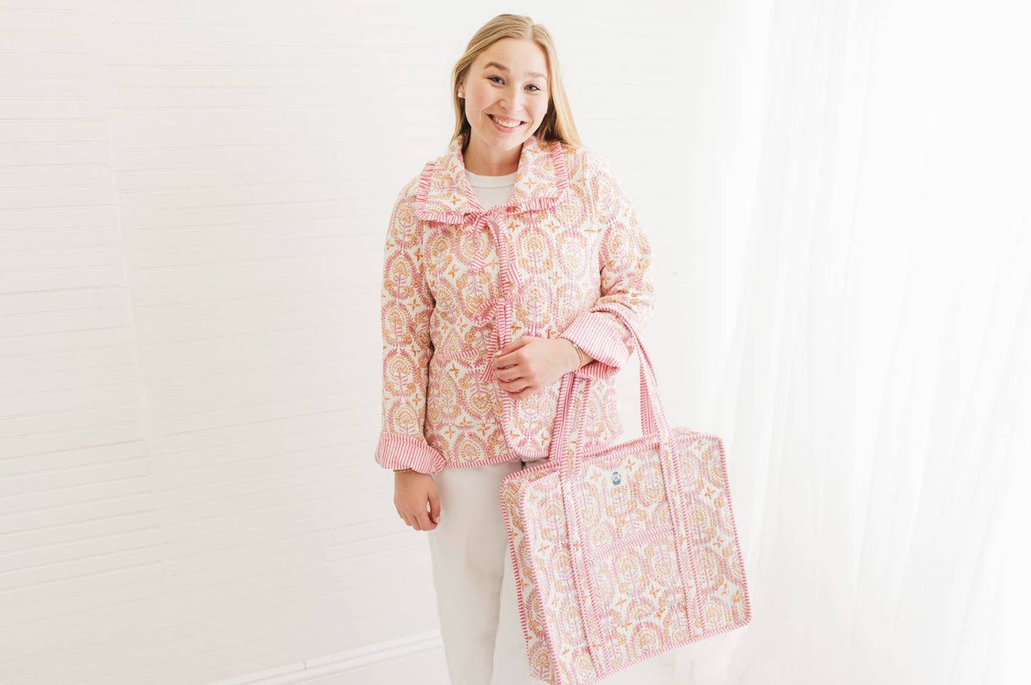 Dahlia | Quilted Block Print Ruffle Bow Jacket