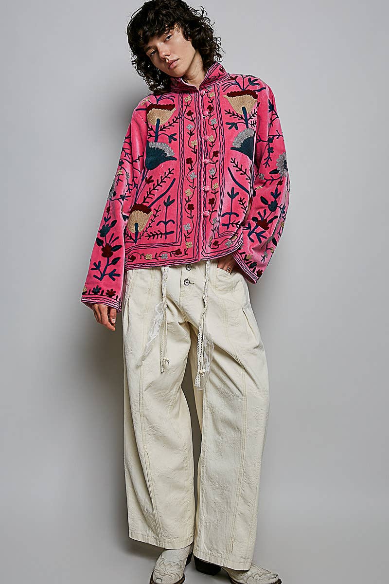 Embroidered Stand Collar & Contrast Trim Velvet Jacket