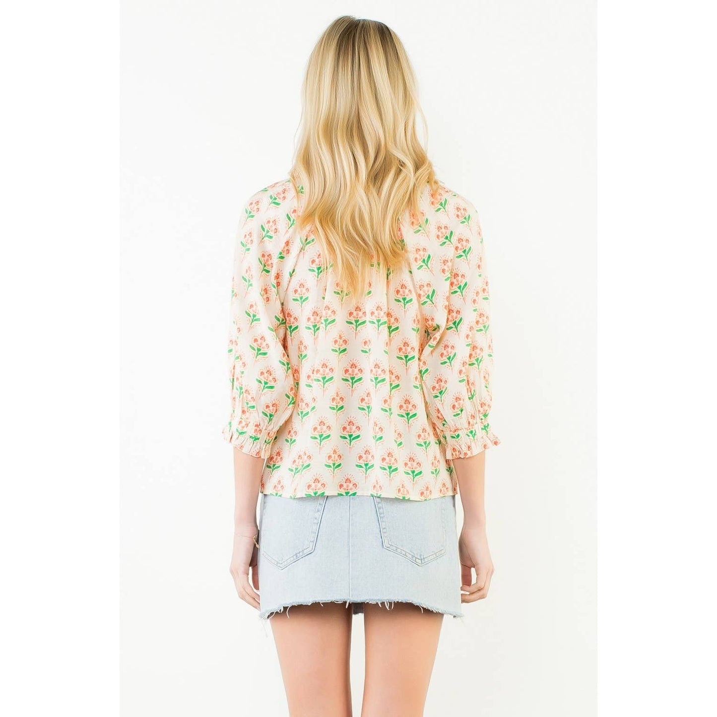 THML Long Sleeve Floral Pattern Tassel Top