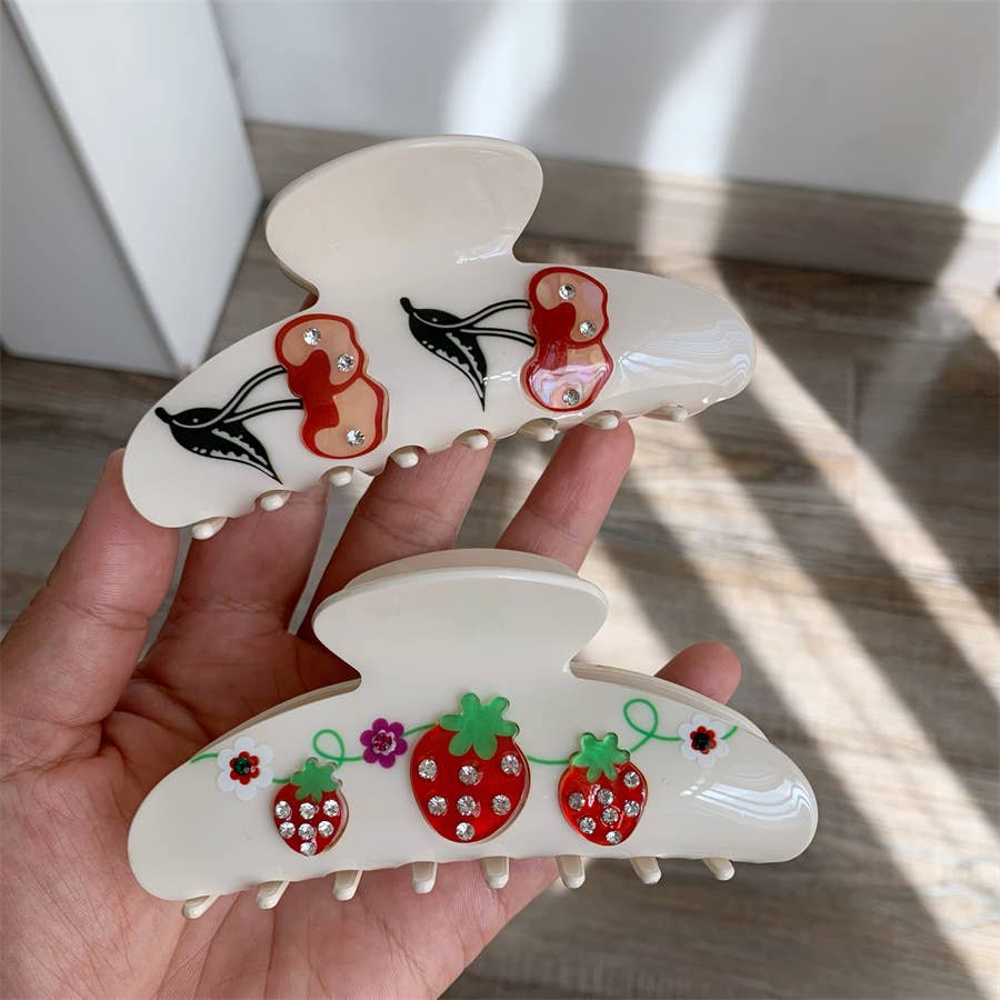 Strawberry & Cherry Design Rhinestone Fruit Hair Clips