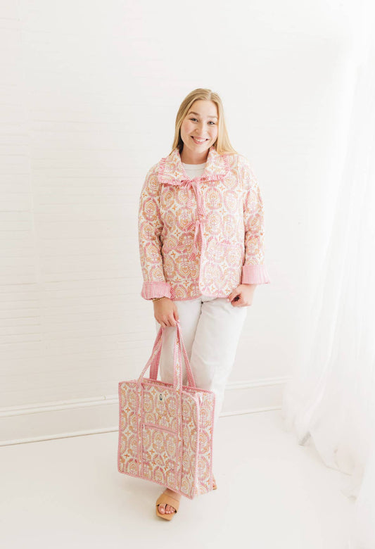 Dahlia | Quilted Block Print Ruffle Bow Jacket