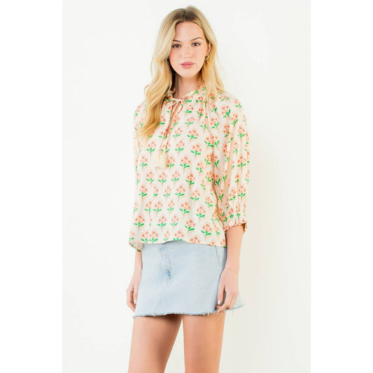 THML Long Sleeve Floral Pattern Tassel Top