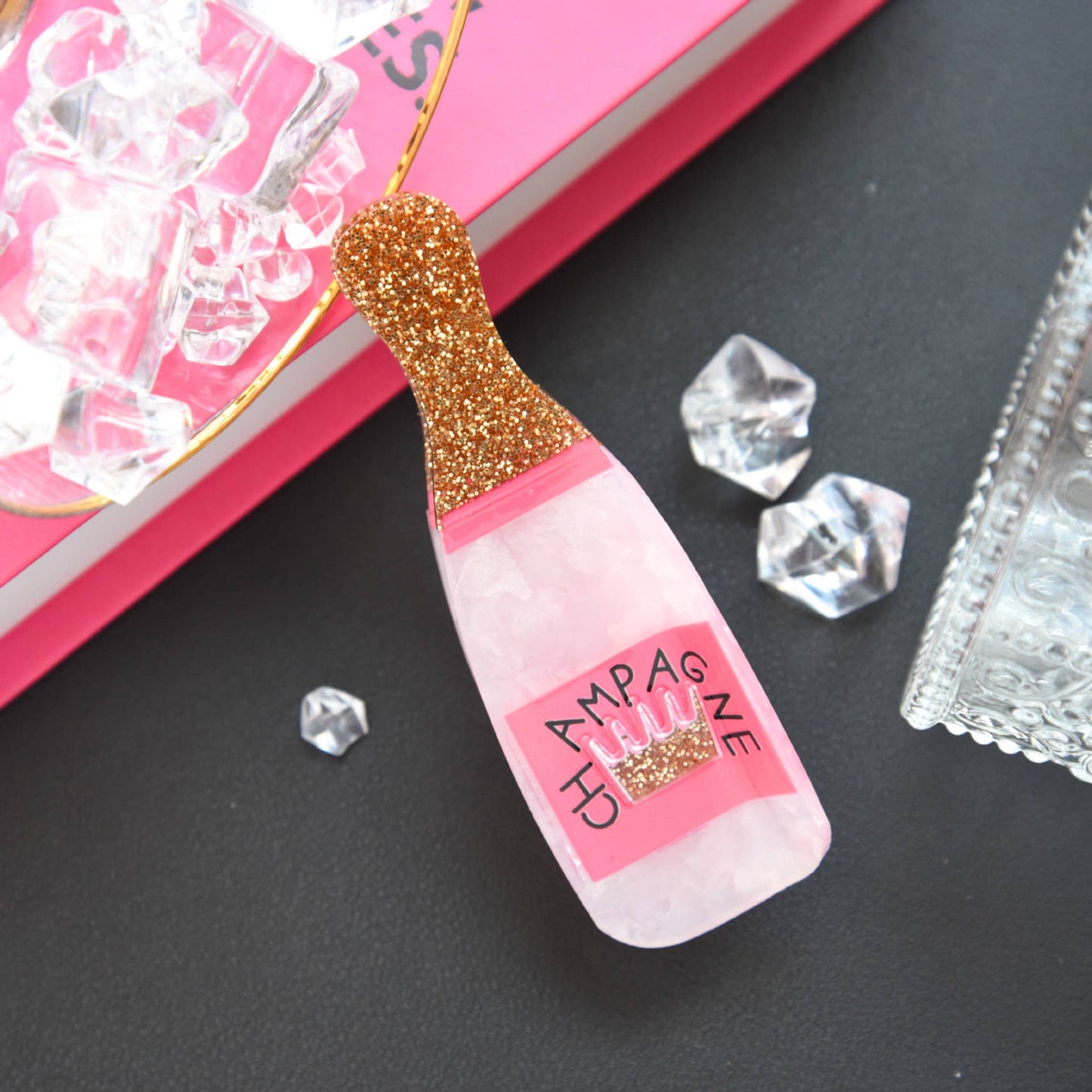 Glitter Pink Champagne Bottle Hair Clip, Fun Party Accessory