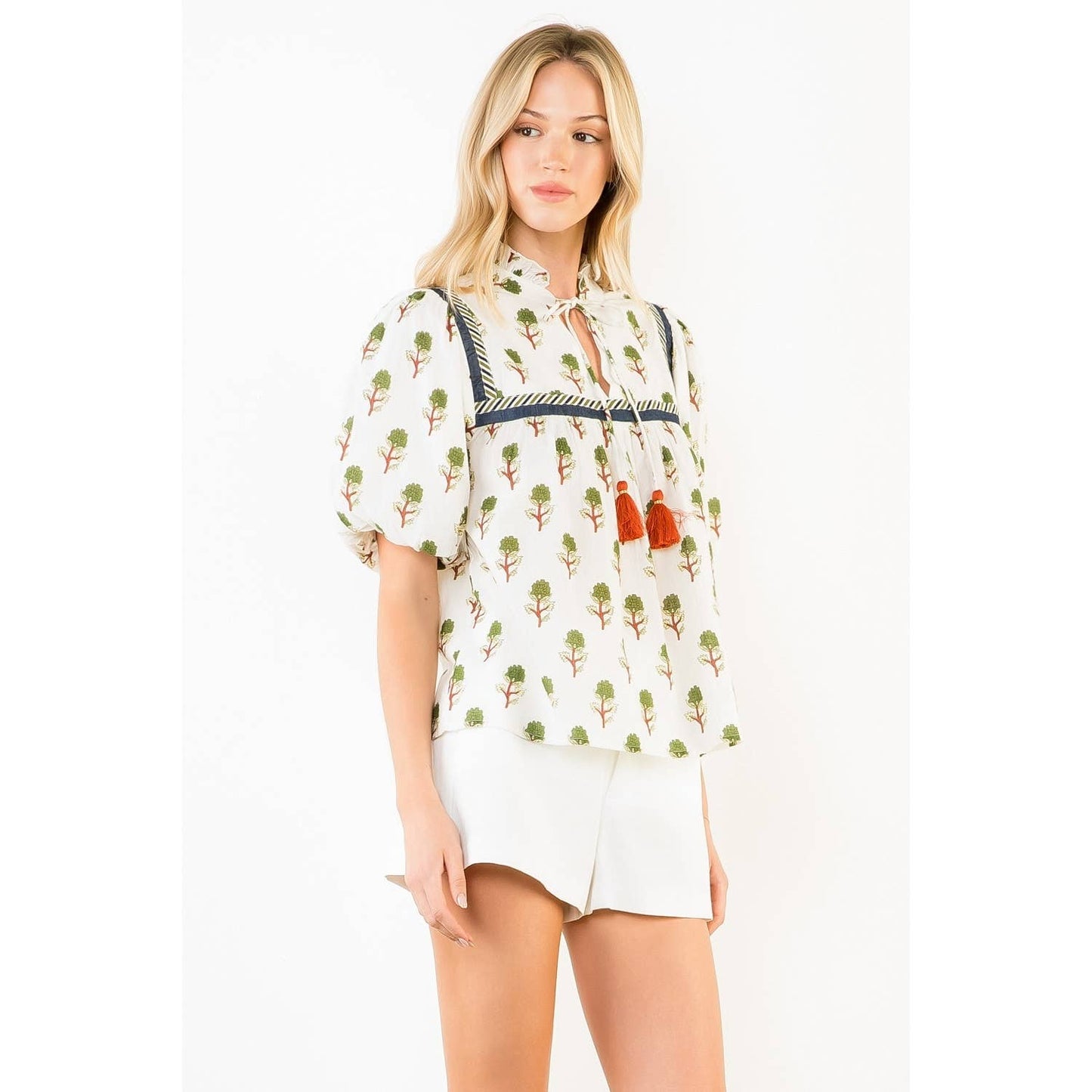 THML Puff Sleeve Print Tie Tassel Top