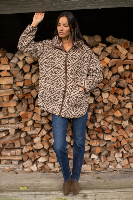 Marea Hooded Brown Tile Jacquard Sherpa Jacket