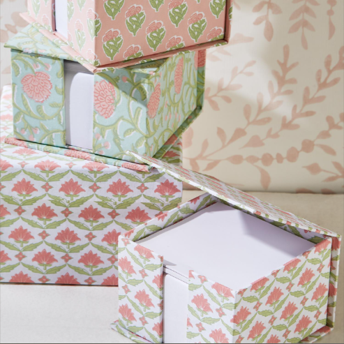 Floral Block Print Note Paper Caddy with Pencil
