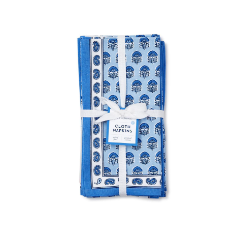 Two's Company Blue Block Print Set of 4 Cloth Napkins