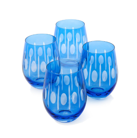 Two's Company Sparkling Cut Blue Hand Engraved Stemless Wine Glass