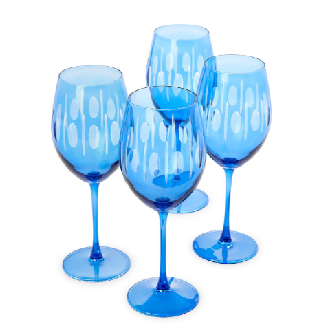 Two's Company Sparkling Cut Blue Hand Engraved Stemmed Wine Glass