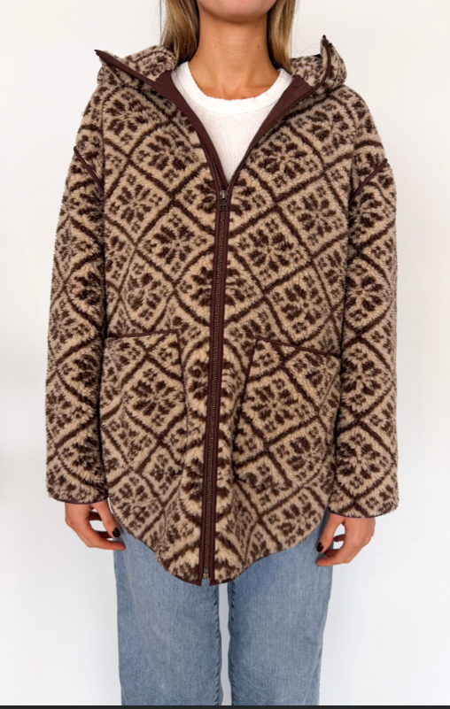 Marea Hooded Brown Tile Jacquard Sherpa Jacket