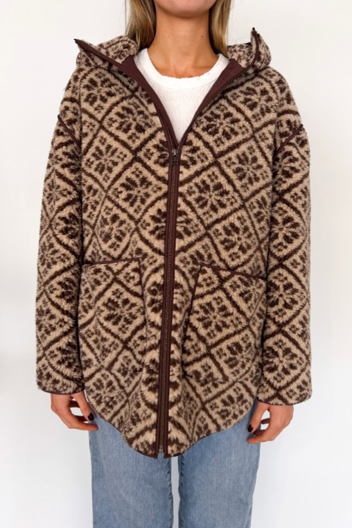 Marea Hooded Brown Tile Jacquard Sherpa Jacket