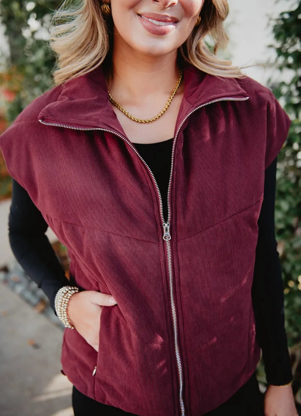 Corduroy Zipper Puffer Vest