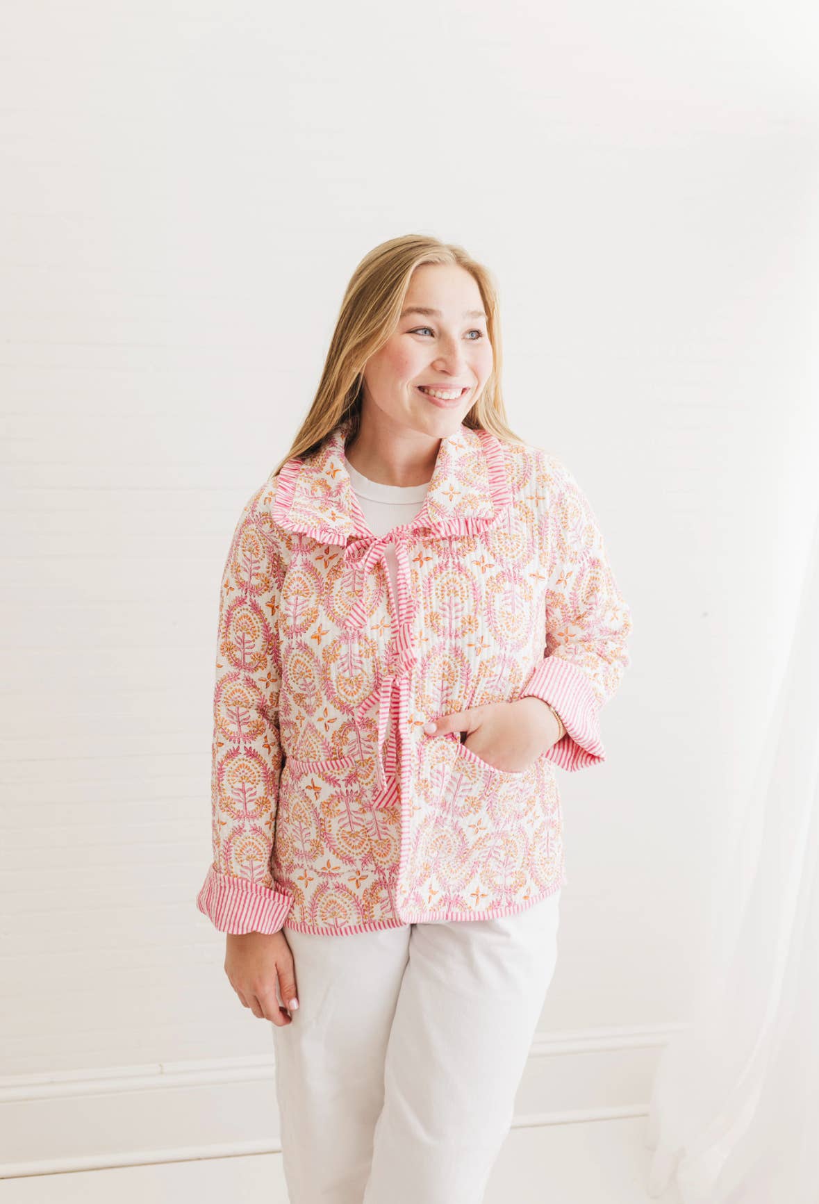 Dahlia | Quilted Block Print Ruffle Bow Jacket
