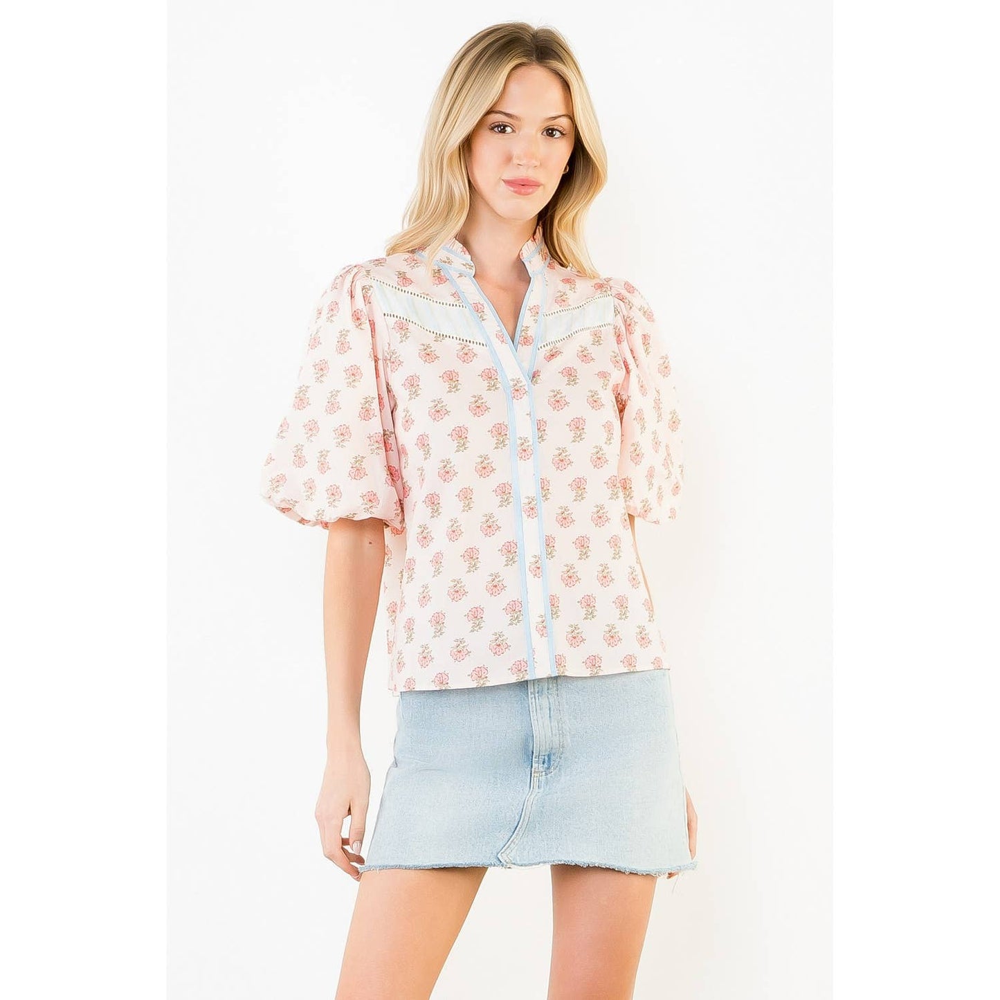 THML Puff Sleeve Floral Detail V-Neck Top