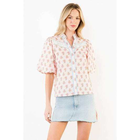 THML Puff Sleeve Floral Detail V-Neck Top