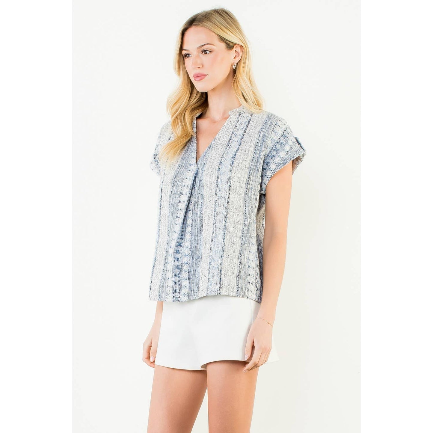 Short Sleeve Tweed V-Neck Top
