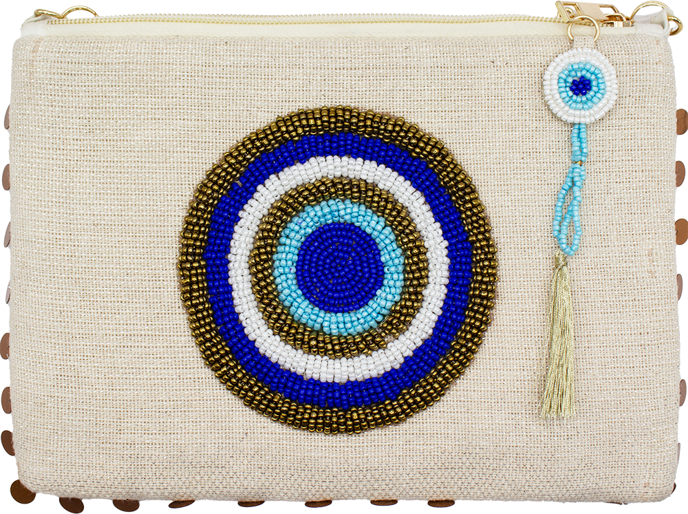 BLUE EVIL EYE BEADED ZIPPER TOP CLUTCH