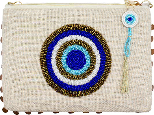 BLUE EVIL EYE BEADED ZIPPER TOP CLUTCH
