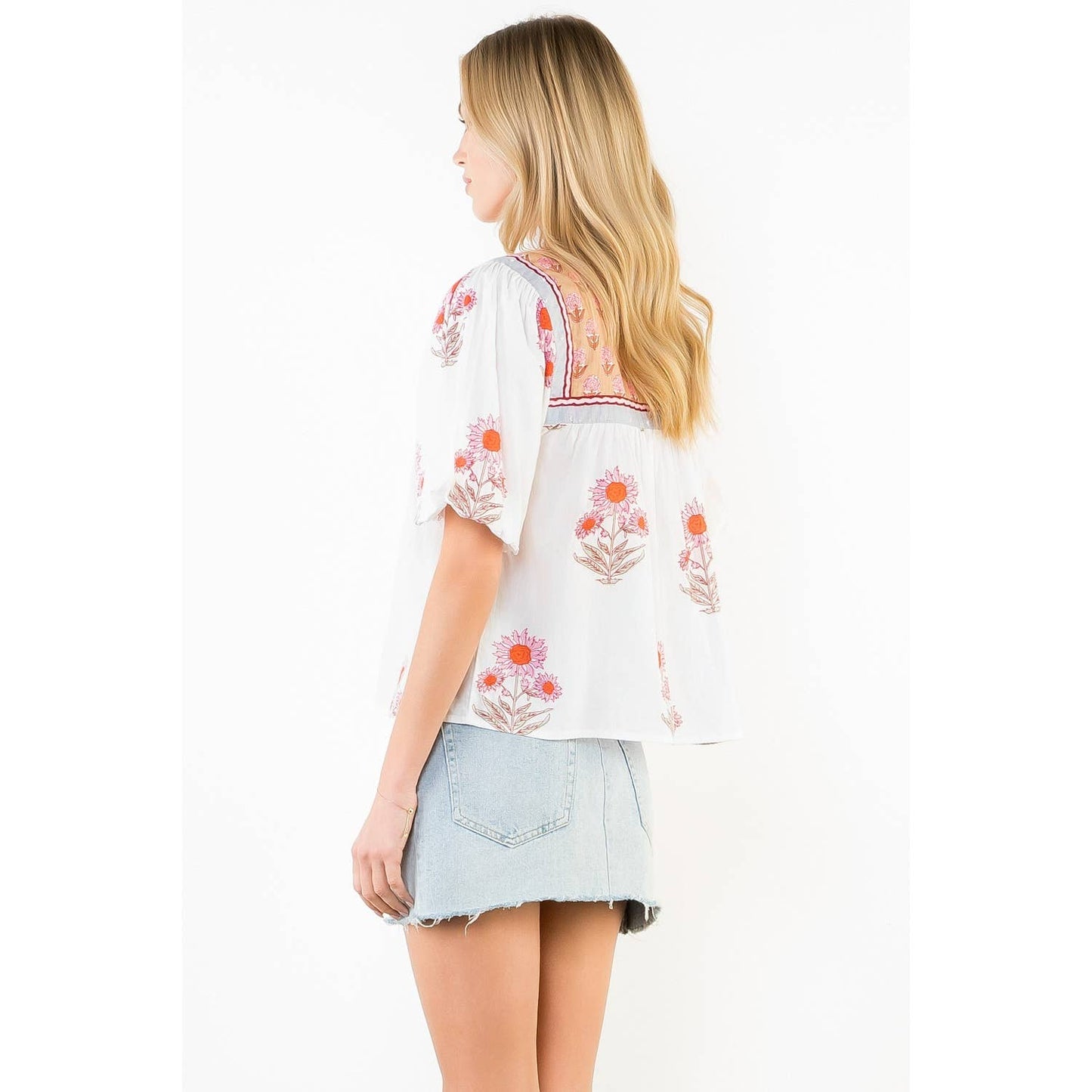 THML Puff Sleeve Floral Pattern Tassel Top