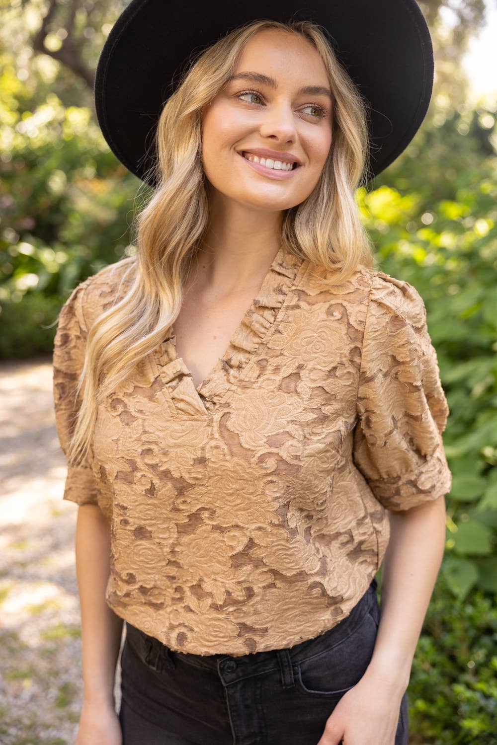 Floral Burn Out Ruffled V-Neck Top