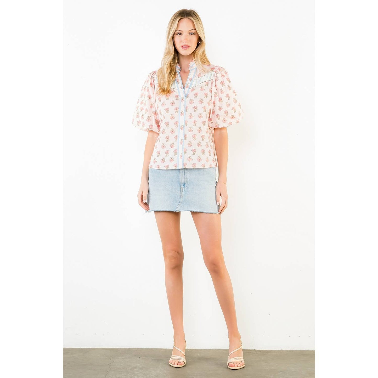 THML Puff Sleeve Floral Detail V-Neck Top