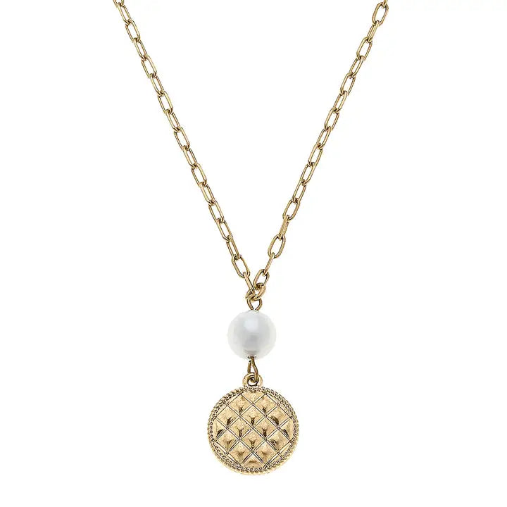 Andee Pearl & Quilted Metal Disc Charm Necklace