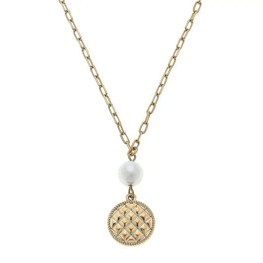 Andee Pearl & Quilted Metal Disc Charm Necklace