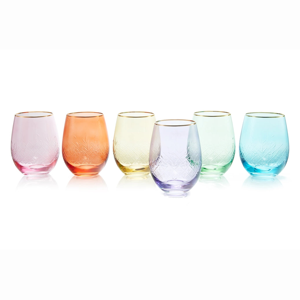 Art Deco Colored Crystal Stemless Wine Glass Set
