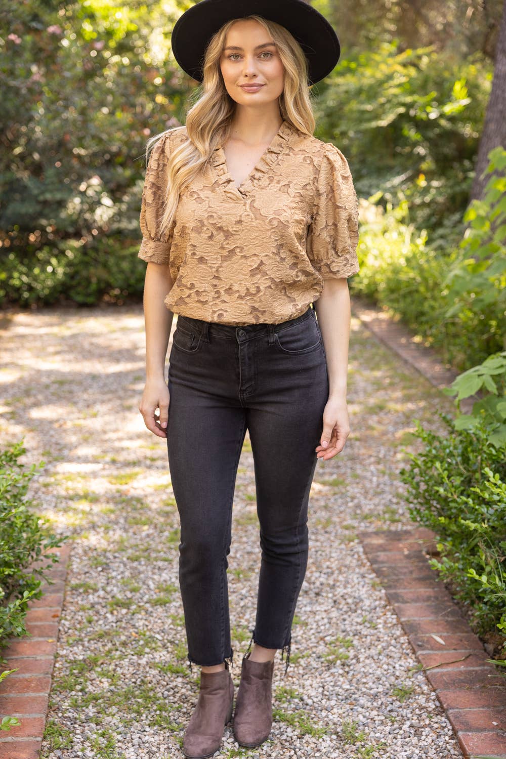 Floral Burn Out Ruffled V-Neck Top