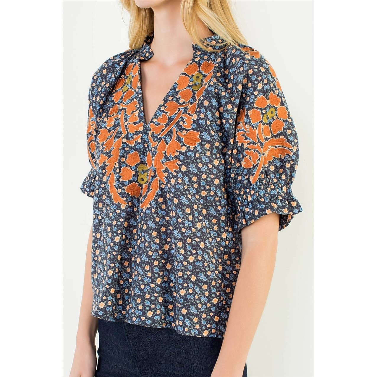 THML Floral Print Top With Embroidery