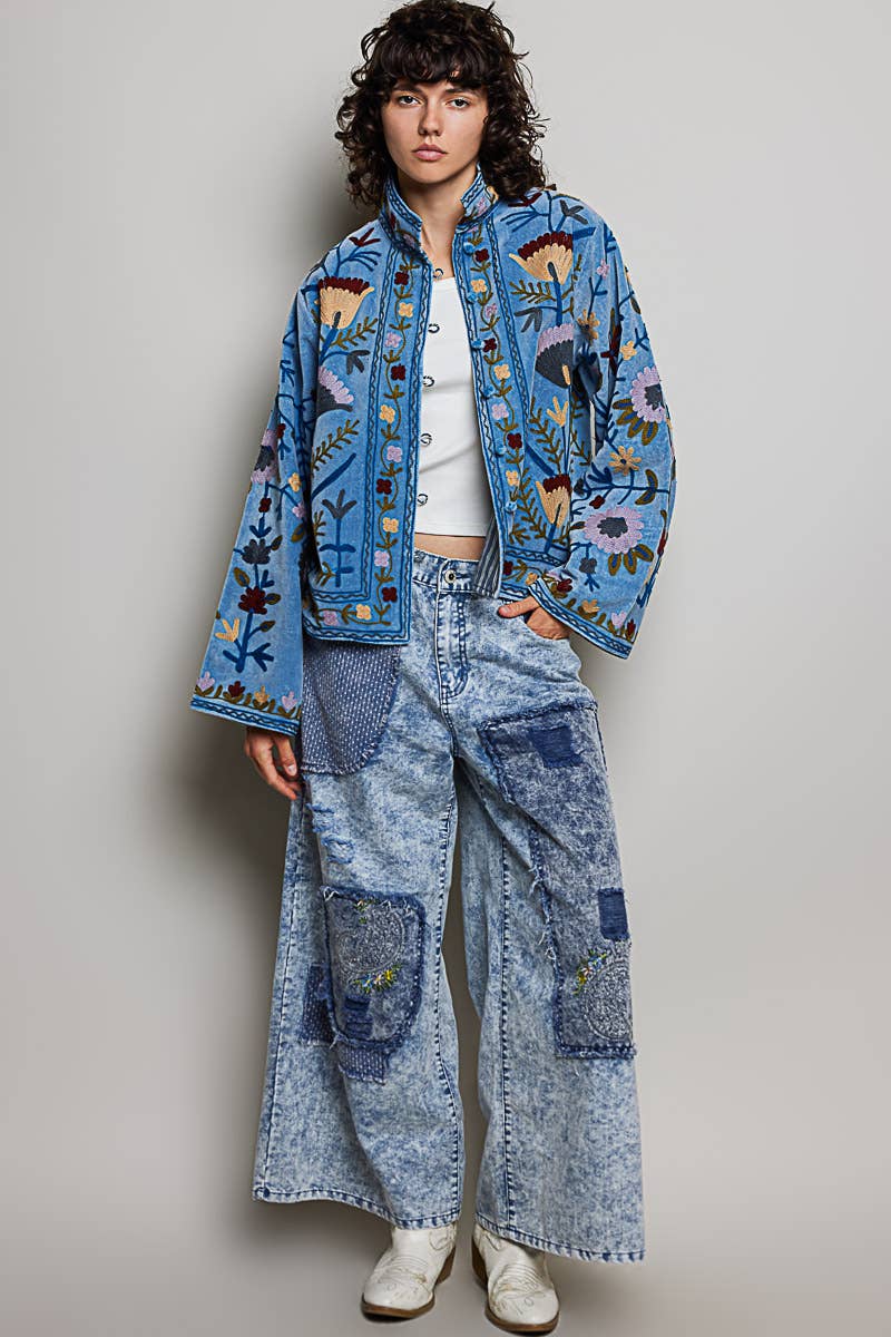 Embroidered Stand Collar & Contrast Trim Velvet Jacket
