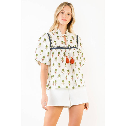 THML Puff Sleeve Print Tie Tassel Top
