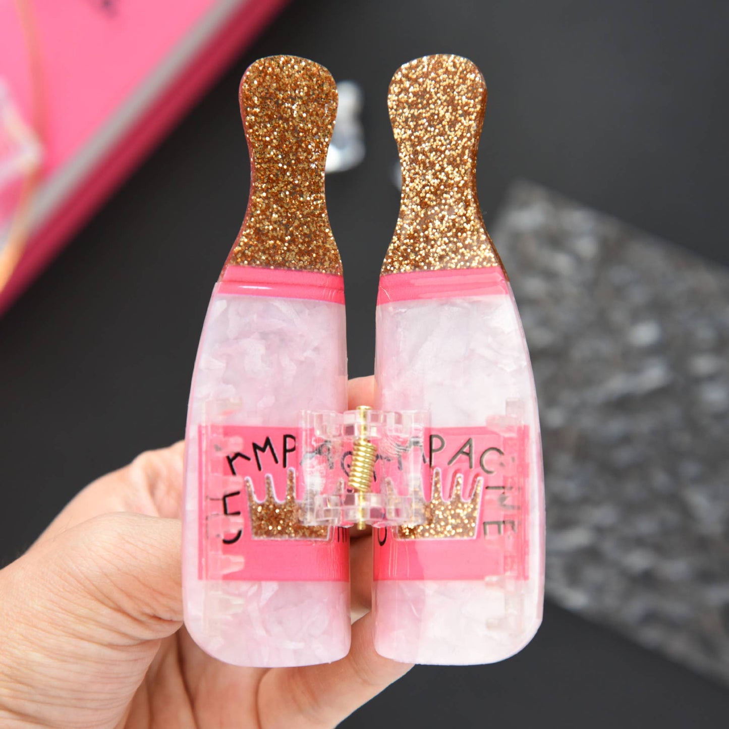 Glitter Pink Champagne Bottle Hair Clip, Fun Party Accessory