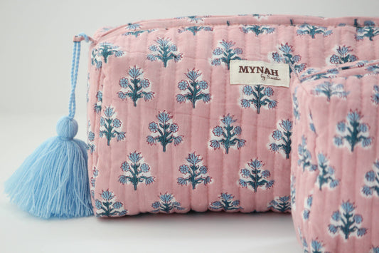 Dusty Pink Blue Floral Travel Pouch