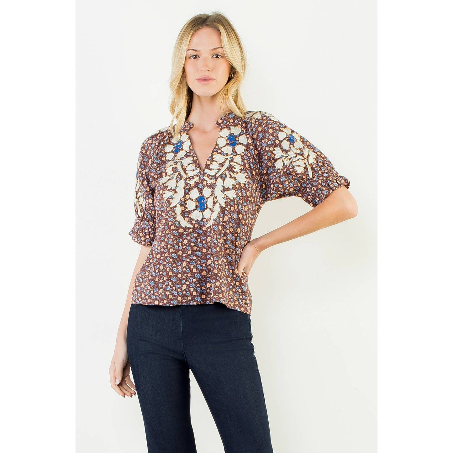 THML Floral Print Top With Embroidery