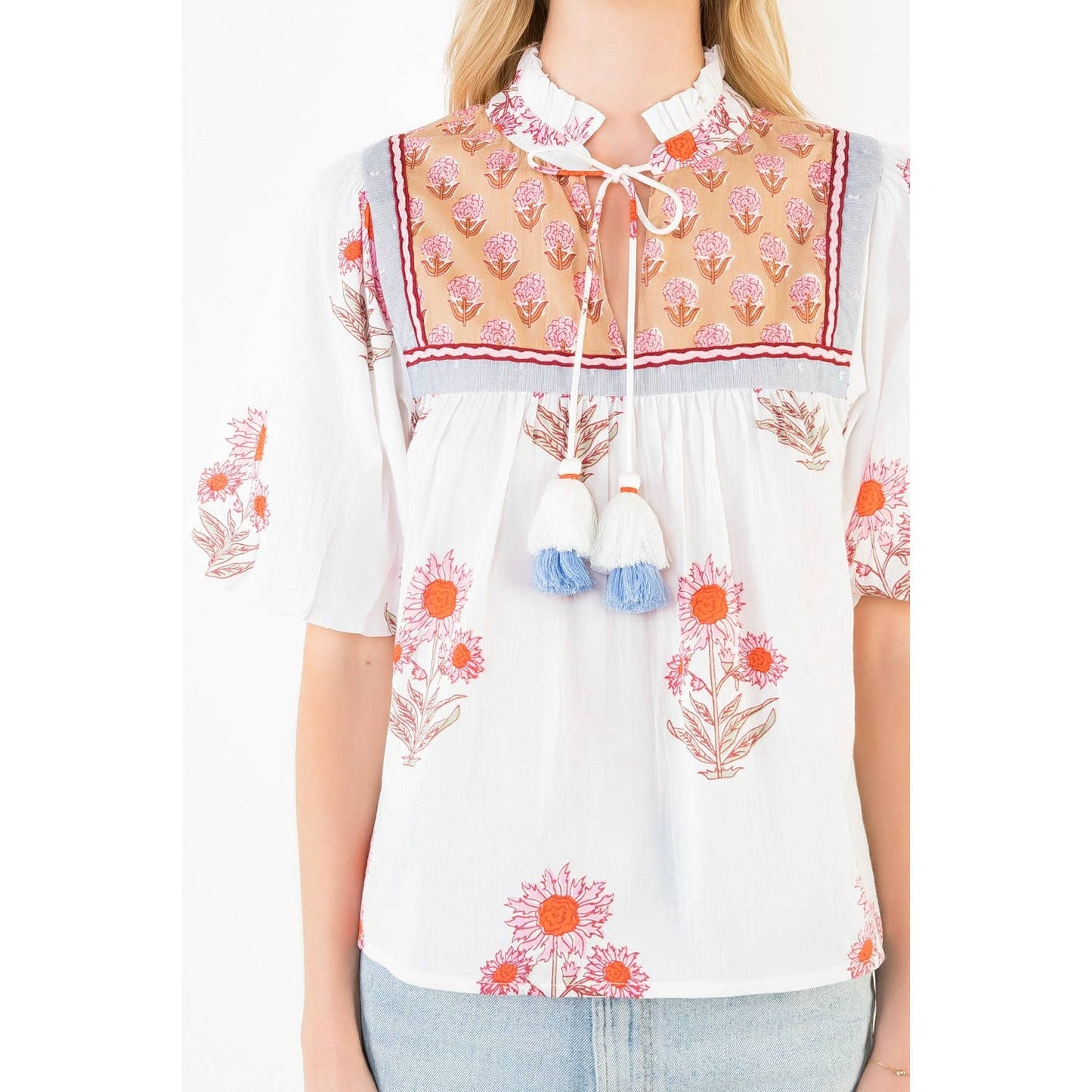 THML Puff Sleeve Floral Pattern Tassel Top