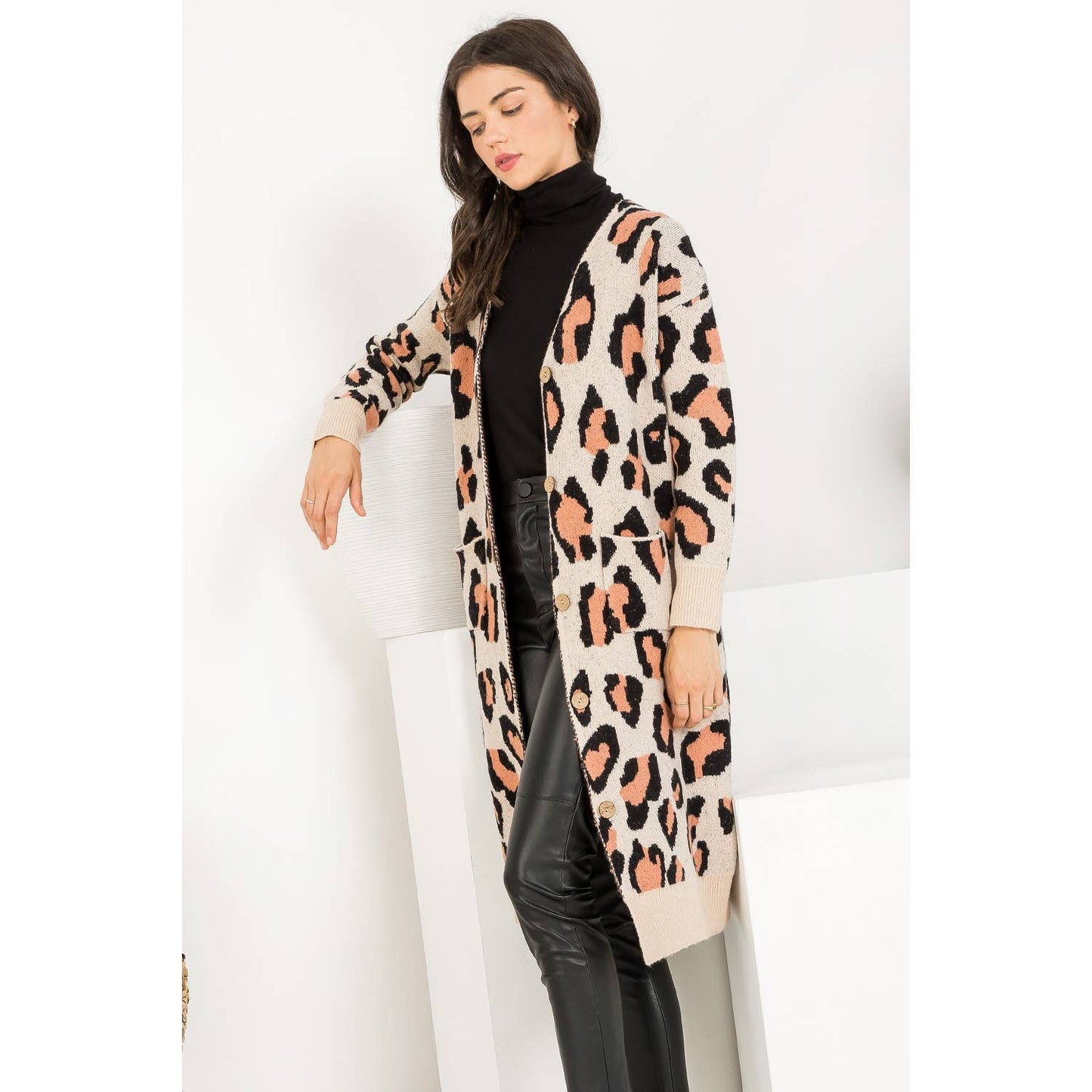THML Cheetah Knit Long Cardigan
