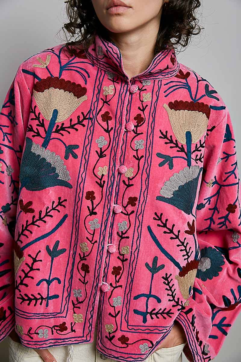 Embroidered Stand Collar & Contrast Trim Velvet Jacket