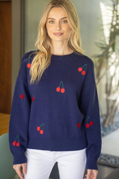 Cherry Embroidered Long Sleeve Sweater