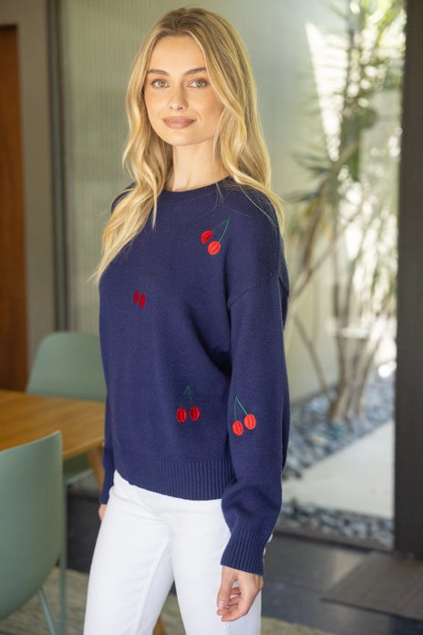 Cherry Embroidered Long Sleeve Sweater