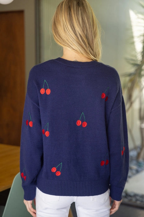 Cherry Embroidered Long Sleeve Sweater