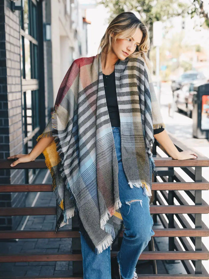 Colorblock & Stripe Poncho