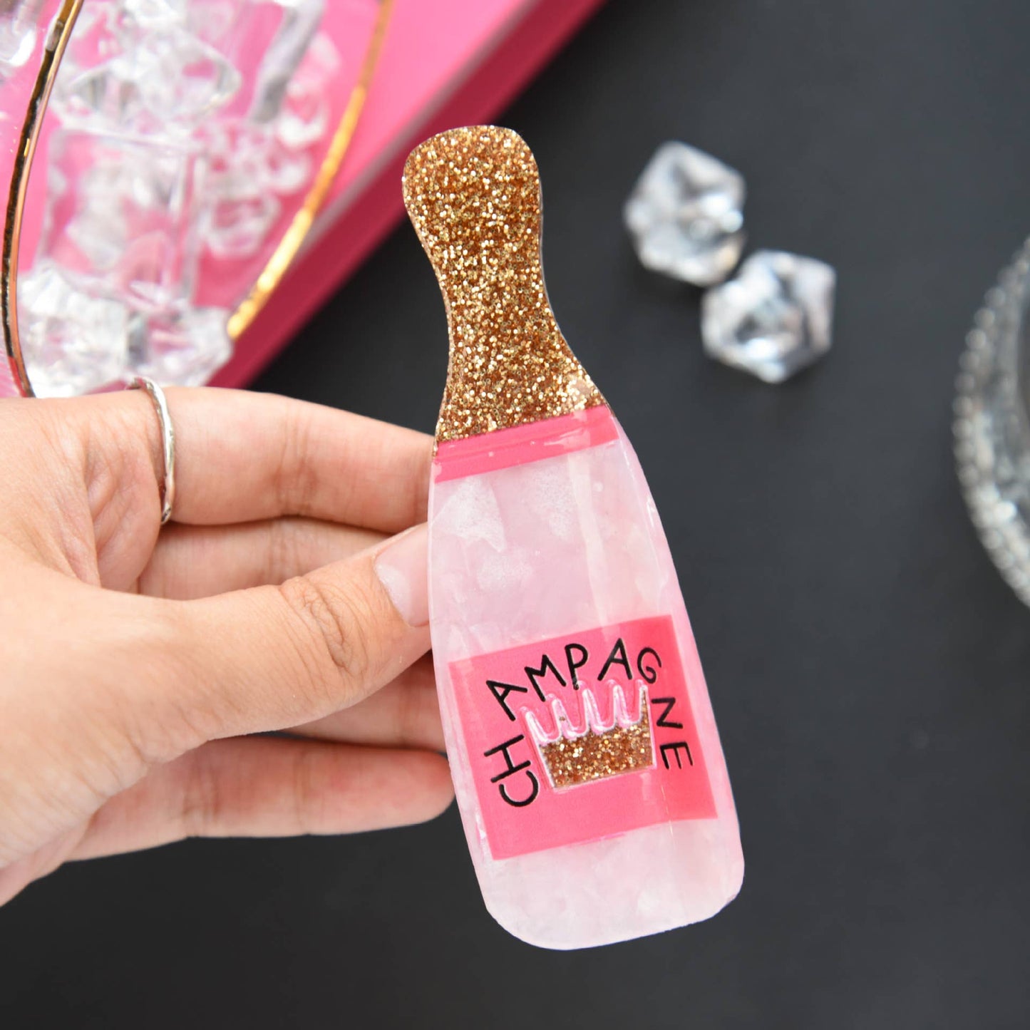 Glitter Pink Champagne Bottle Hair Clip, Fun Party Accessory