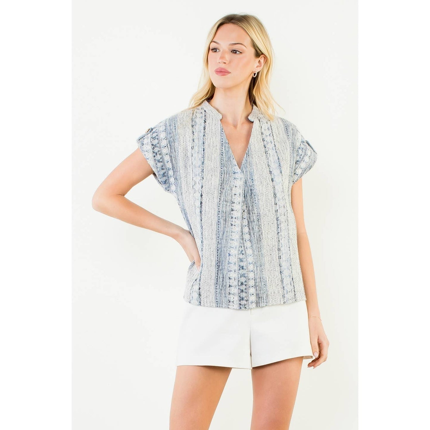 Short Sleeve Tweed V-Neck Top