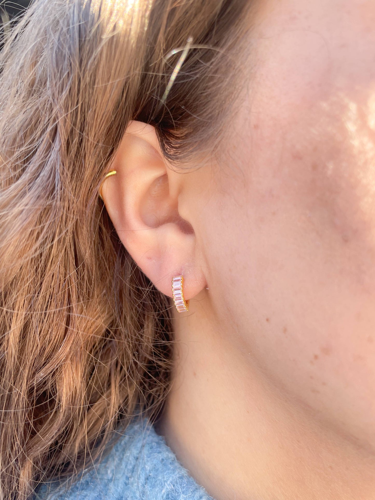 Pink Champagne Baguette Huggie Earrings