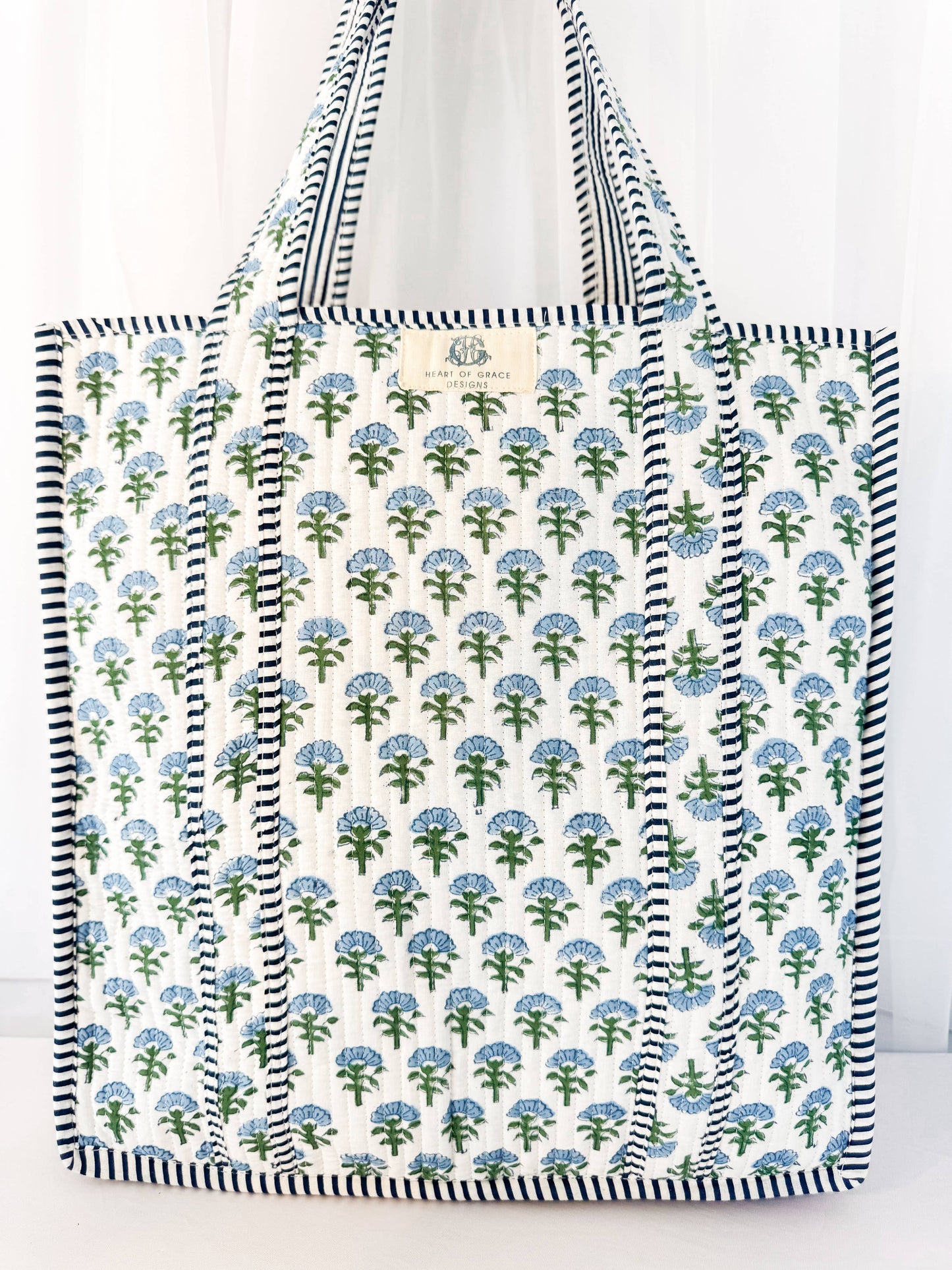 Carolina Block Print Large Quilted Ruffle Tote Bag