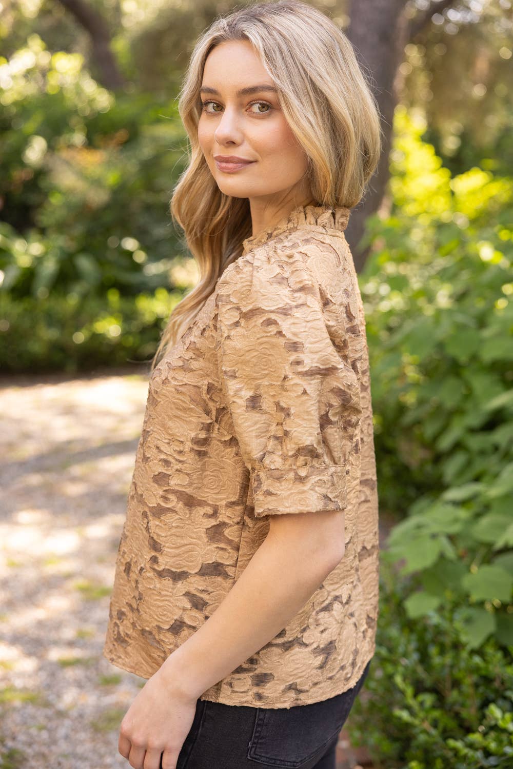 Floral Burn Out Ruffled V-Neck Top