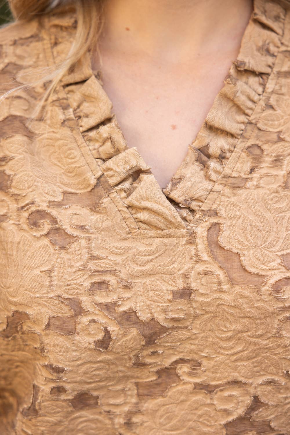 Floral Burn Out Ruffled V-Neck Top