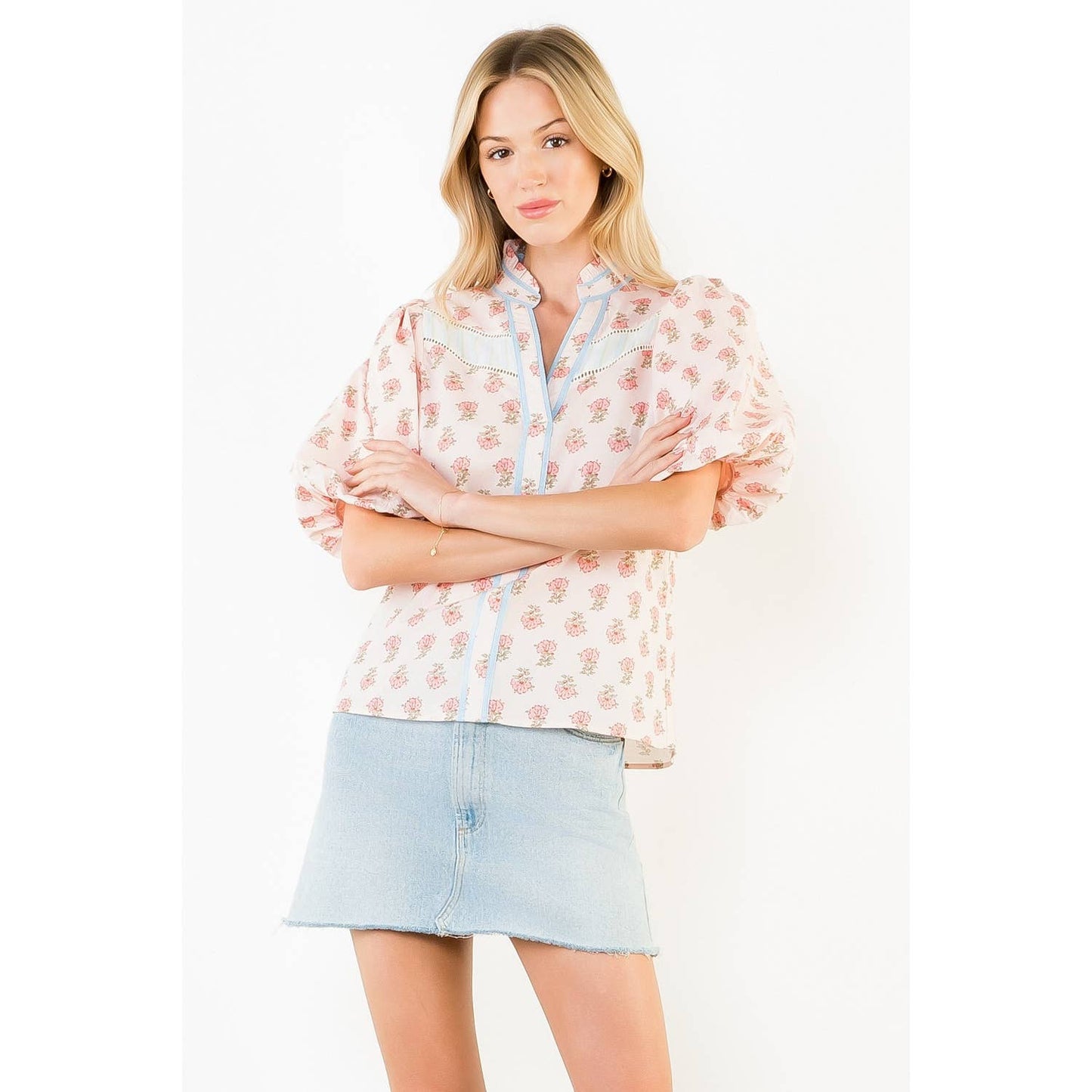 THML Puff Sleeve Floral Detail V-Neck Top