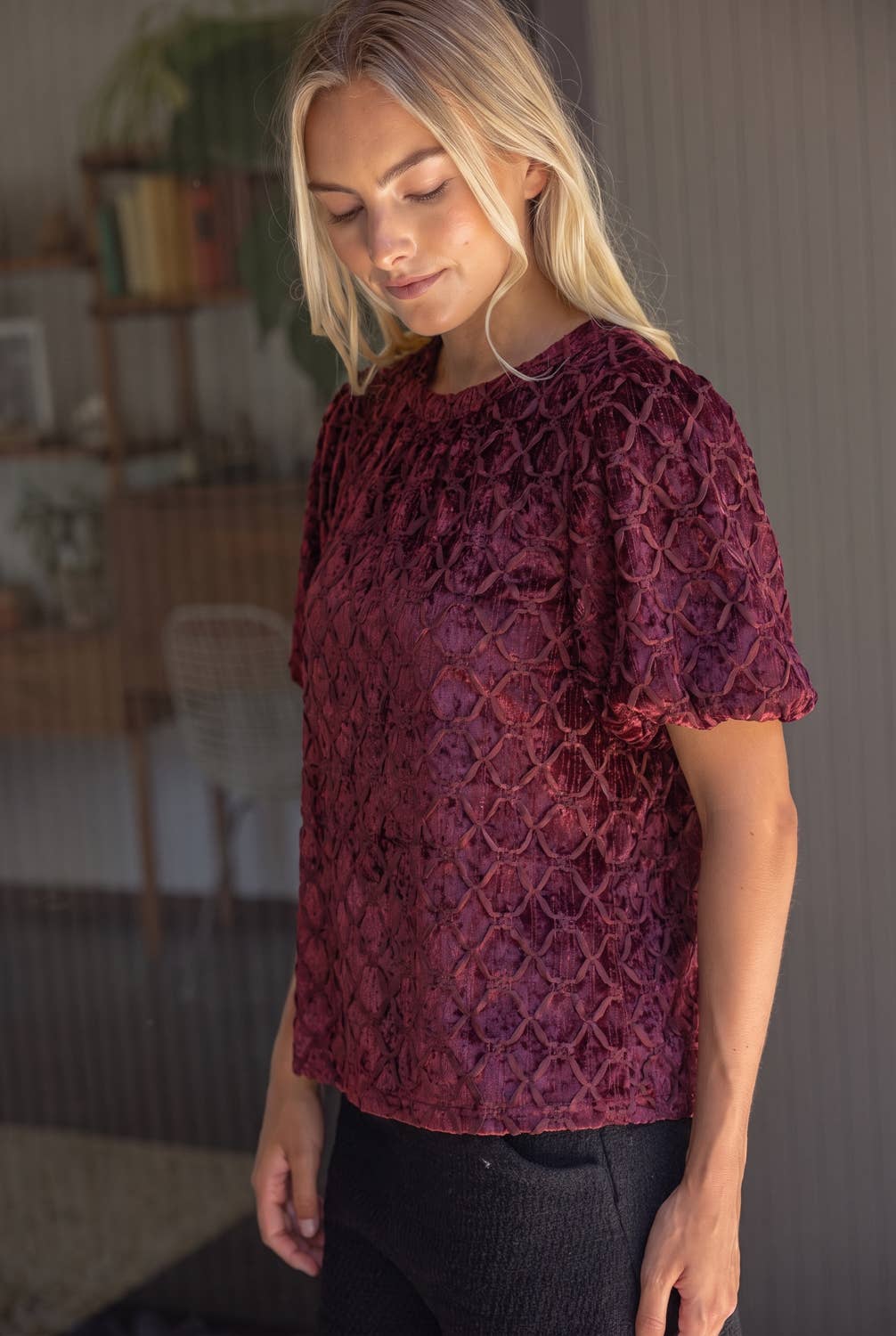 Crushed Velvet Bubble Sleeve Top